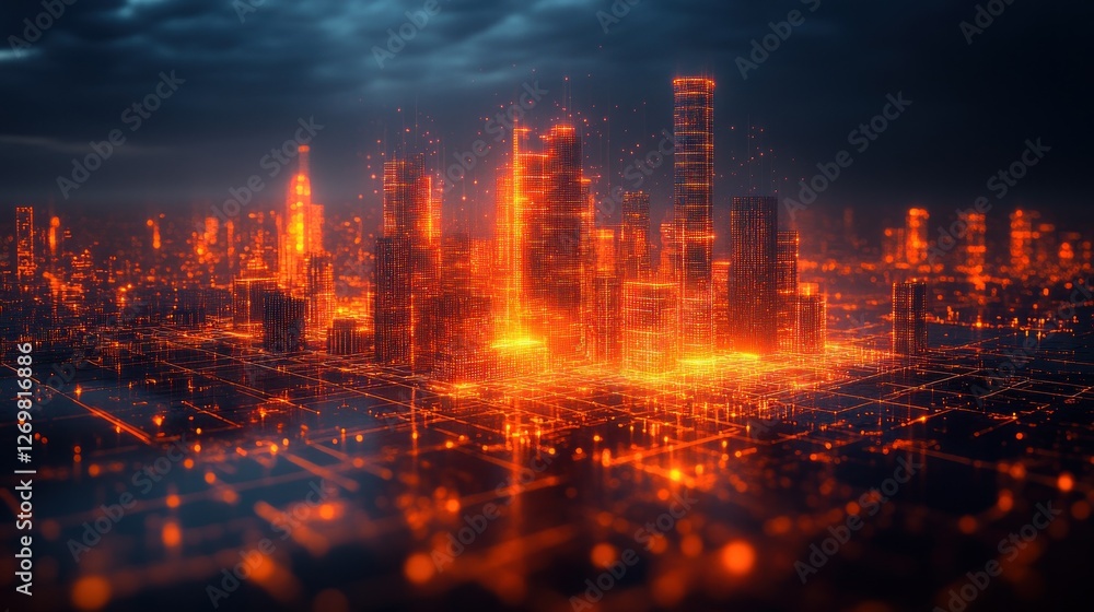 Fiery digital city skyline at night, data network, futuristic concept Fiery digital city skyline at night, data network, futuristic concept