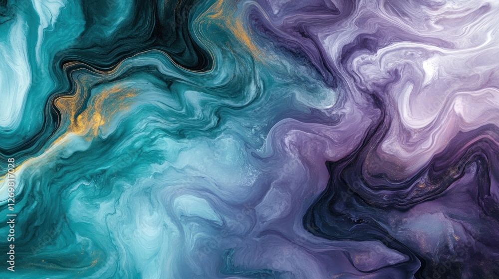 Obraz premium Abstract Fluid Art Teal Purple Gold Swirls