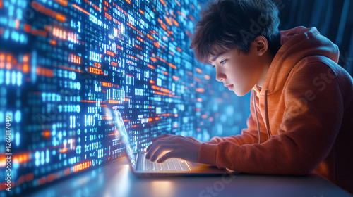 A young boy in an orange hoodie concentrates on coding at a lapt photo