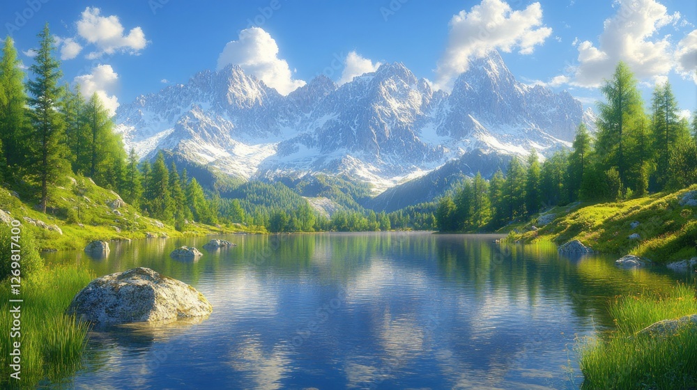 Serene alpine lake nestled among lush green forests, reflecting majestic snow-capped mountains under a vibrant sky. Serene alpine lake nestled among lush green forests, reflecting majestic snow-capped mountains under a vibrant sky.