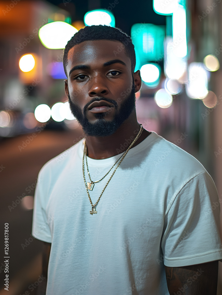 Fototapeta premium Young man posing in the city at night wearing necklaces