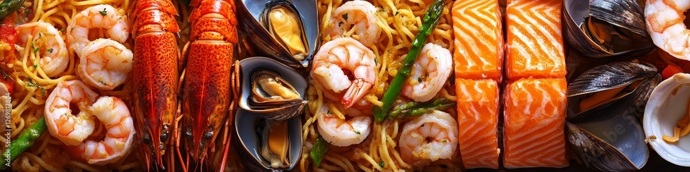 Seafood Feast Closeup of Lobster, Salmon, Pasta, and Shellfish, Perfect for Food Photography Seafood Feast Closeup of Lobster, Salmon, Pasta, and Shellfish, Perfect for Food Photography