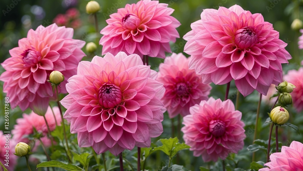 Pink dahlia flowers growing in a flower garden outdoor background Pink dahlia flowers growing in a flower garden outdoor background