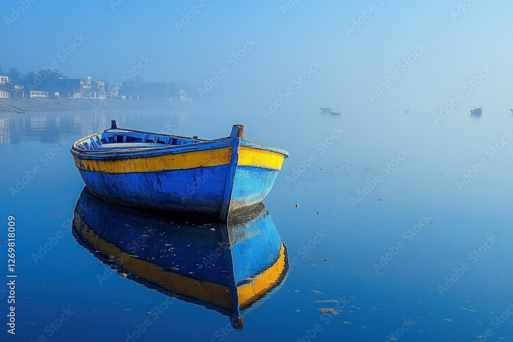 A serene view of Bhopal Lake, India, calm waters, boats floating, peaceful atmosphere A serene view of Bhopal Lake, India, calm waters, boats floating, peaceful atmosphere