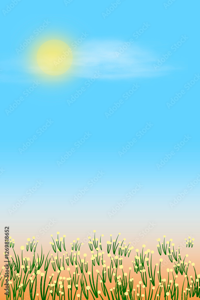 Obraz premium A field of green grass and yellow plants with a bright sun shining on it. The sky is blue and clear, with only one cloud. Concept of warmth and tranquility.