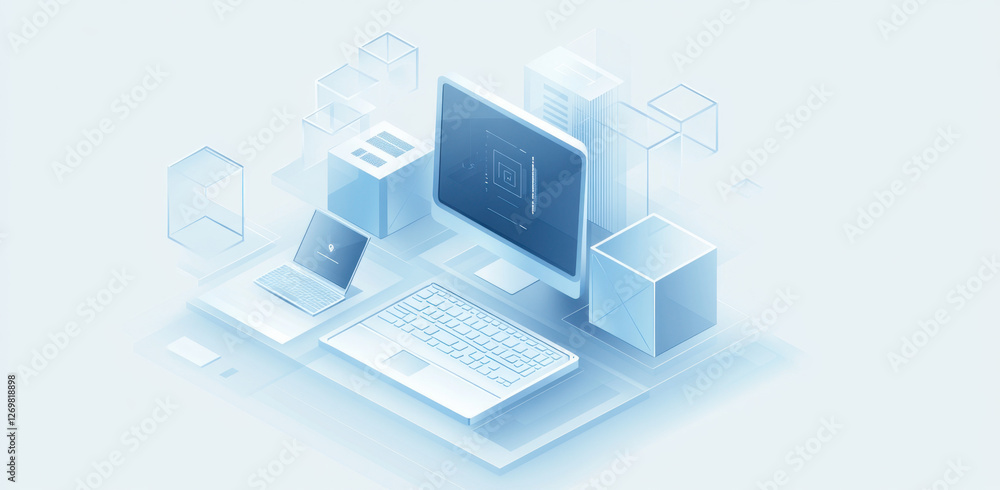 A digital workspace showcases a laptop alongside a desktop computer, surrounded by abstract tech elements representing innovation and productivity A digital workspace showcases a laptop alongside a desktop computer, surrounded by abstract tech elements representing innovation and productivity