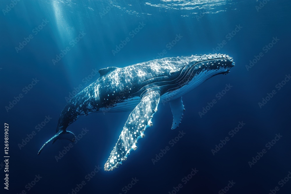 Fototapeta premium Humpback whale gracefully swims through deep ocean waters in sunlight