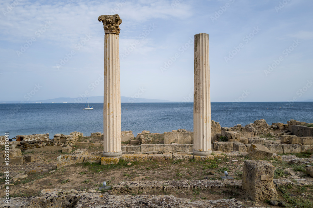 Fototapeta premium The archaeological site of Tharros in Cabras in Europe, Italy, Sardinia, Cabras, in summer, on a sunny day.