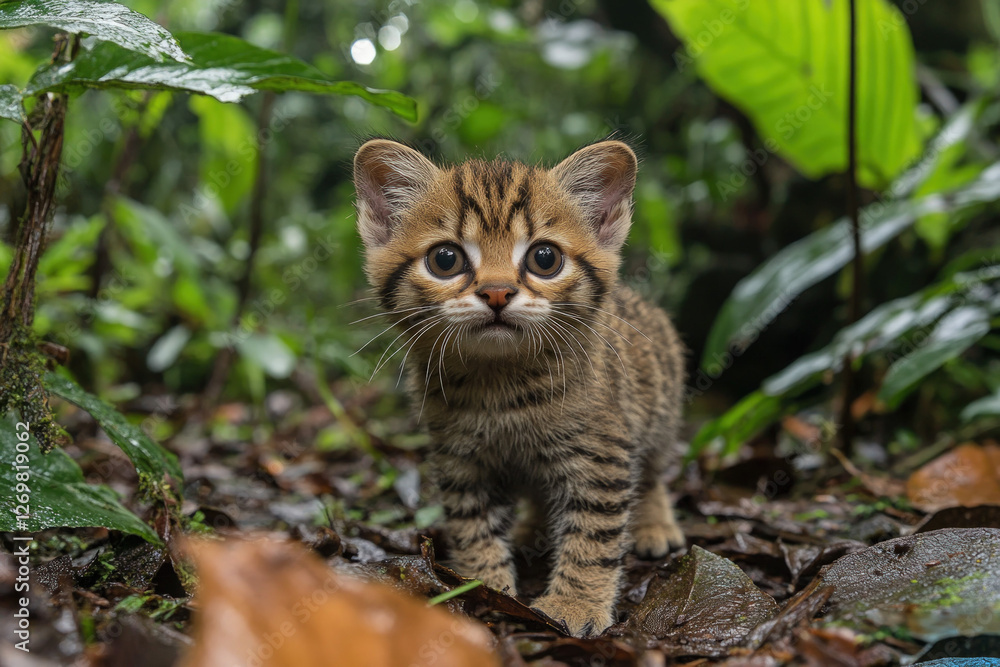 Fototapeta premium An Iriomote cat in a dense jungle, rare and elusive, detailed fur