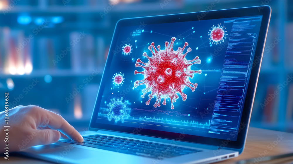 A hand interacts with a laptop displaying a vibrant 3D represent A hand interacts with a laptop displaying a vibrant 3D represent