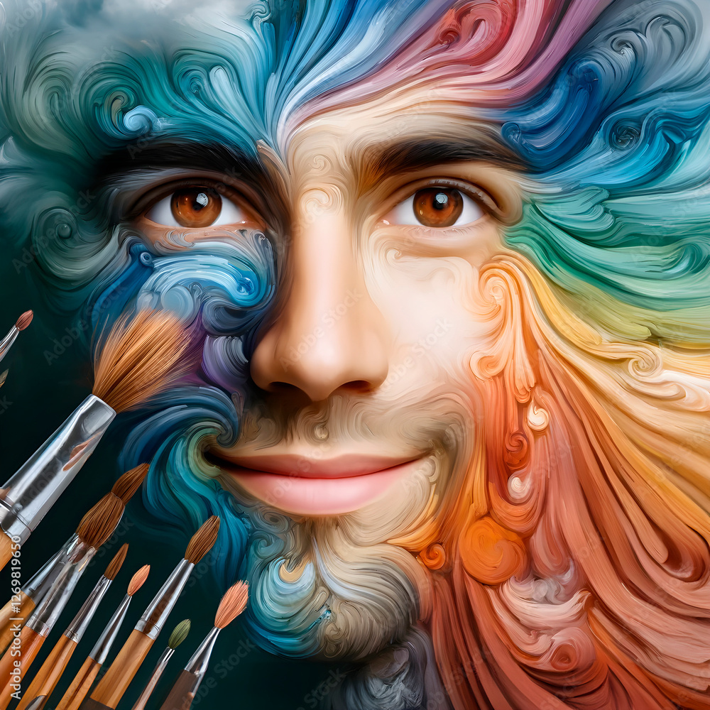 Abstract portrait of a smiling man with swirling colorful paint textures and artistic brushstrokes, blending realism with expressive creativity