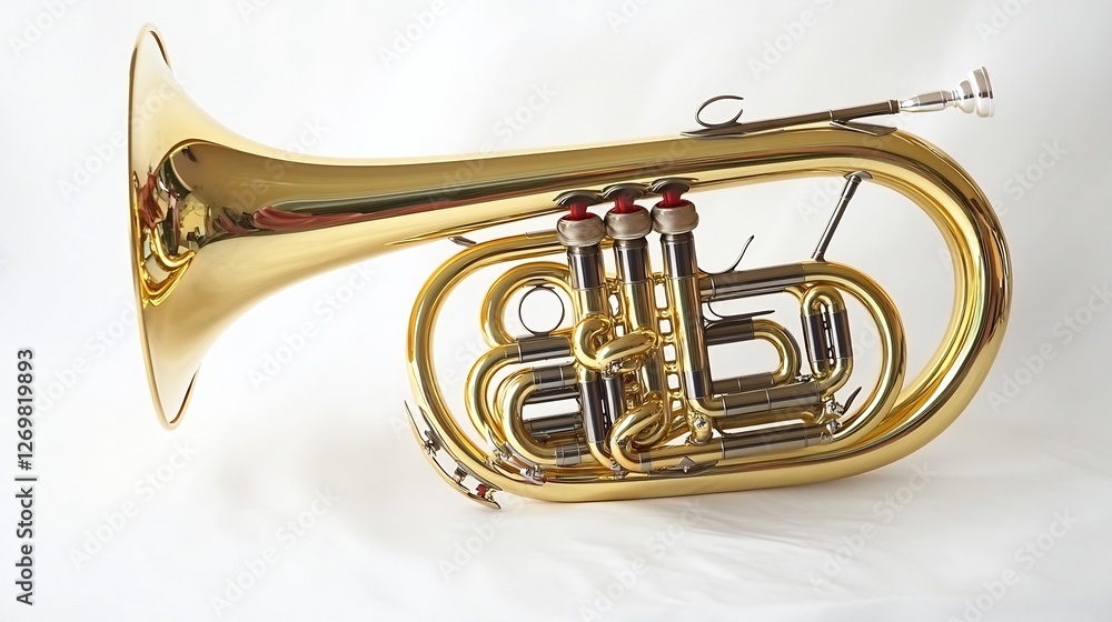 Fototapeta premium Shiny brass French horn displayed on a white background highlighting its curved design and reflective surface