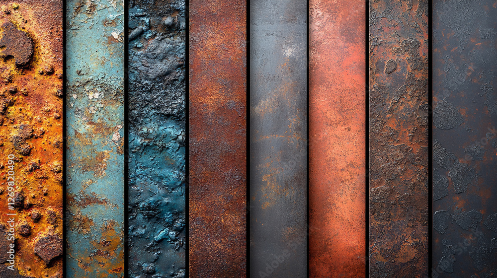 arious metal textures with rust and patina arranged vertically, highlighting a spectrum of colors and corrosion patterns, symbolizing the passage of time and natural decay arious metal textures with rust and patina arranged vertically, highlighting a spectrum of colors and corrosion patterns, symbolizing the passage of time and natural decay