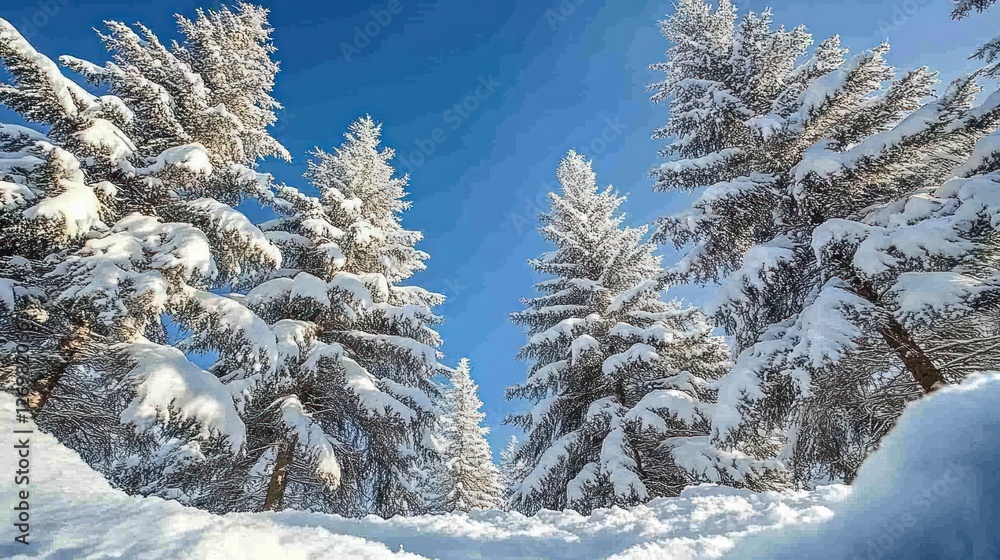 Snow-covered pine trees under a vibrant blue sky. Snow-covered pine trees under a vibrant blue sky.
