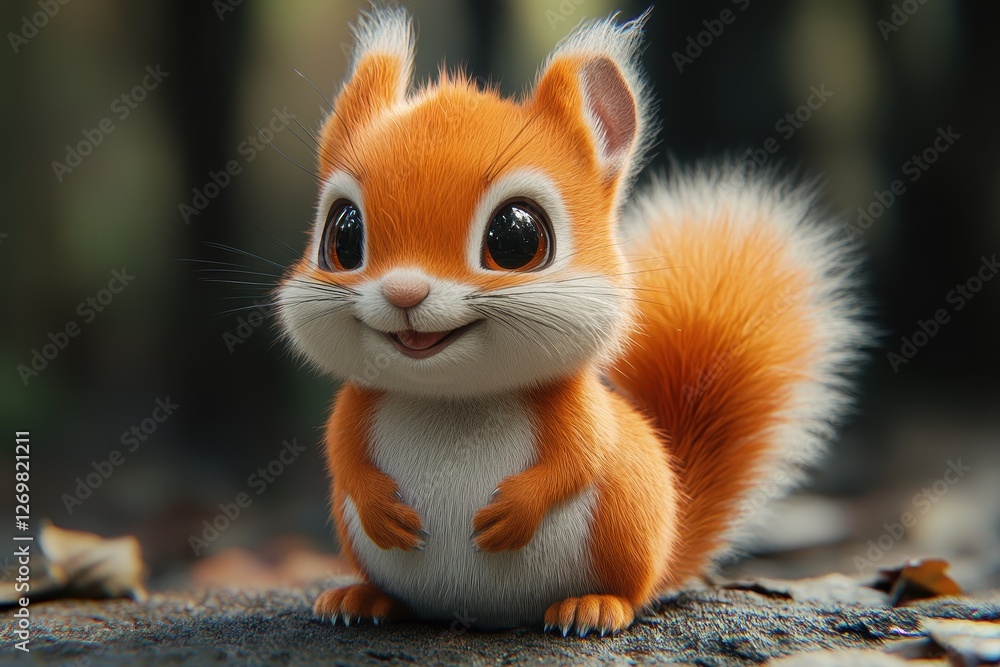 Fototapeta premium Cute cartoon squirrel with big eyes and fluffy tail sitting on forest floor among fallen leaves