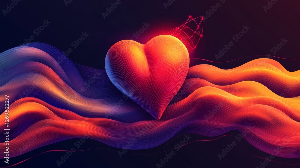 Abstract Heart 3D Render of a Glowing Red Heart on Flowing Waves of Color, Dark Background Abstract Heart 3D Render of a Glowing Red Heart on Flowing Waves of Color, Dark Background