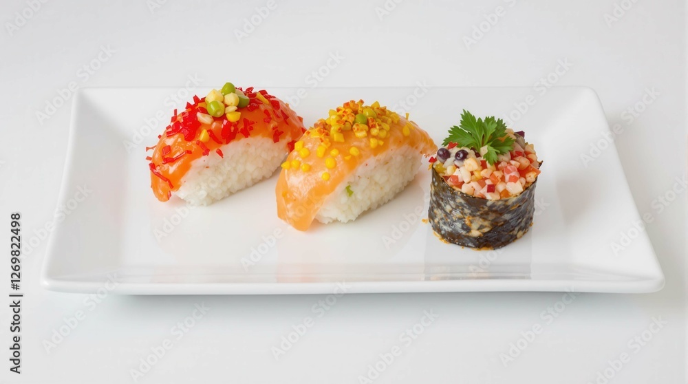 Three sushi rolls are on a white plate