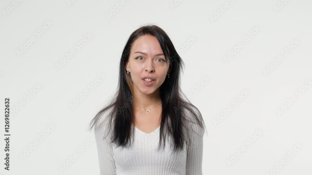 A woman girl Fooling around. On a white background copy space A woman girl Fooling around. On a white background copy space
