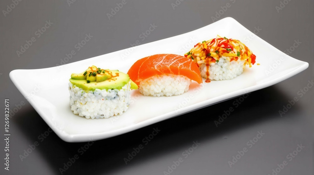 Three sushi rolls are on a white plate