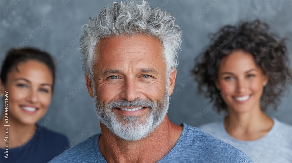 man with gray curly hair smiles warmly while two women stand behind him, both featuring natural hairstyles and casual clothing. background is a simple gray, enhancing the joyful atmosphere man with gray curly hair smiles warmly while two women stand behind him, both featuring natural hairstyles and casual clothing. background is a simple gray, enhancing the joyful atmosphere