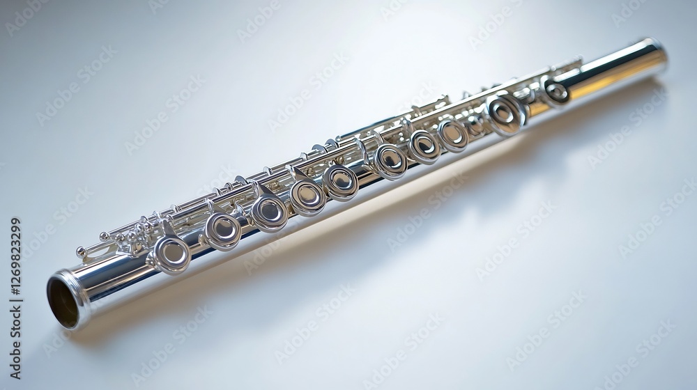 Fototapeta premium Silver flute lying flat on a white surface emphasizing its polished surface and intricate keys