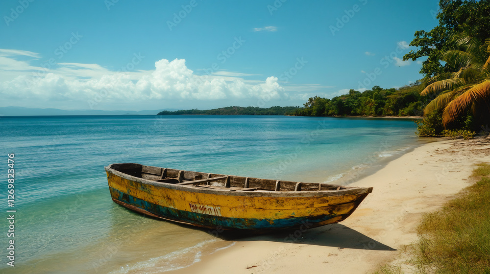 Colorful wooden boat resting on tropical beach in the caribbean Colorful wooden boat resting on tropical beach in the caribbean