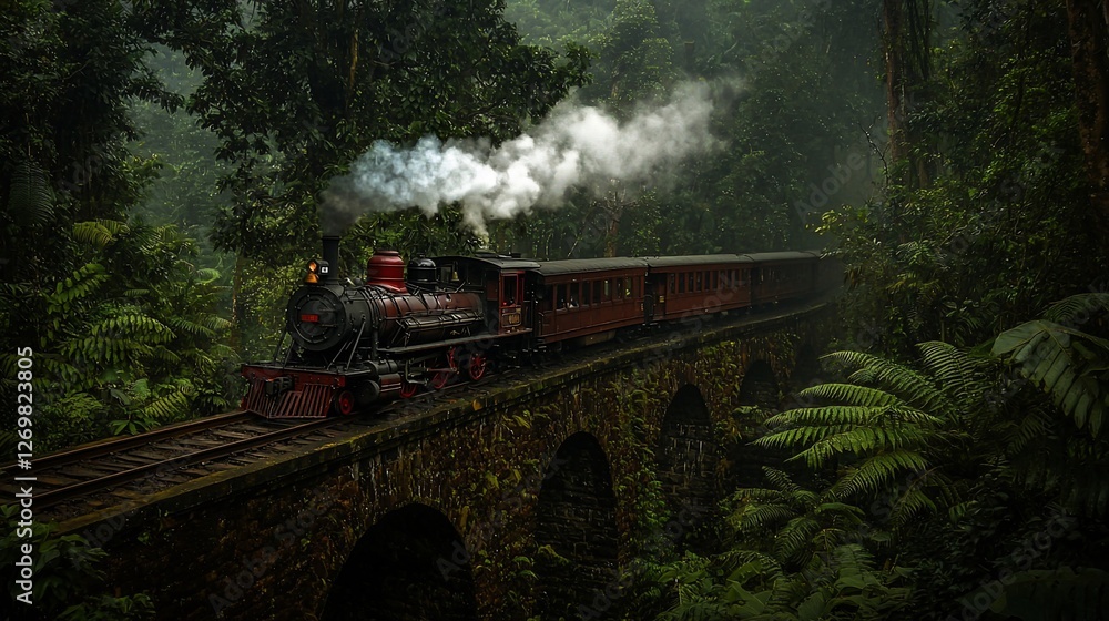 Fototapeta premium Steam train crossing stone bridge in lush rainforest.