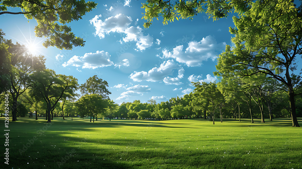 Fototapeta premium Lush Green Meadow with Sunny Sky and Trees
