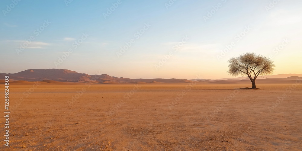 A barren desert landscape with a lone tree in the middle. The sky is blue and the sun is setting A barren desert landscape with a lone tree in the middle. The sky is blue and the sun is setting