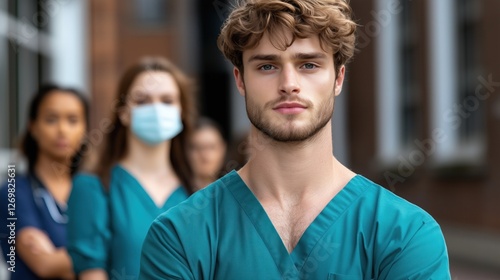 Group of healthcare professionals wearing scrubs and masks stand outside a medical facility