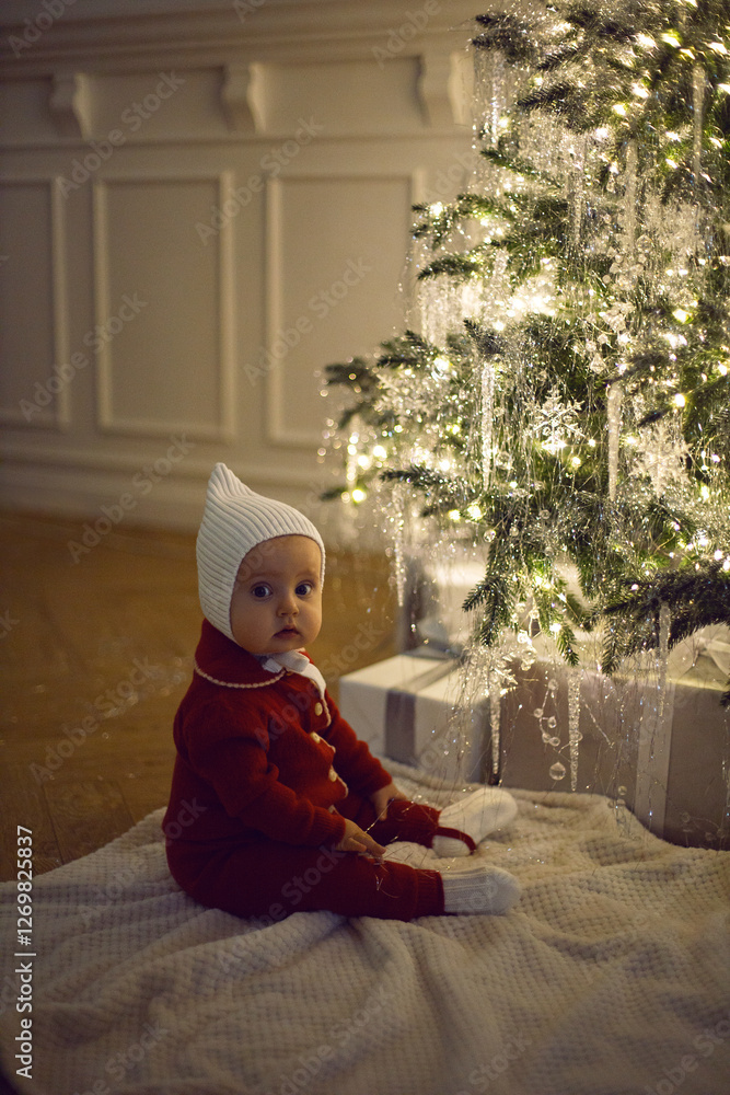 One little girl in a red suit sits on a white carpet at the Christmas tree at home for 1 year.