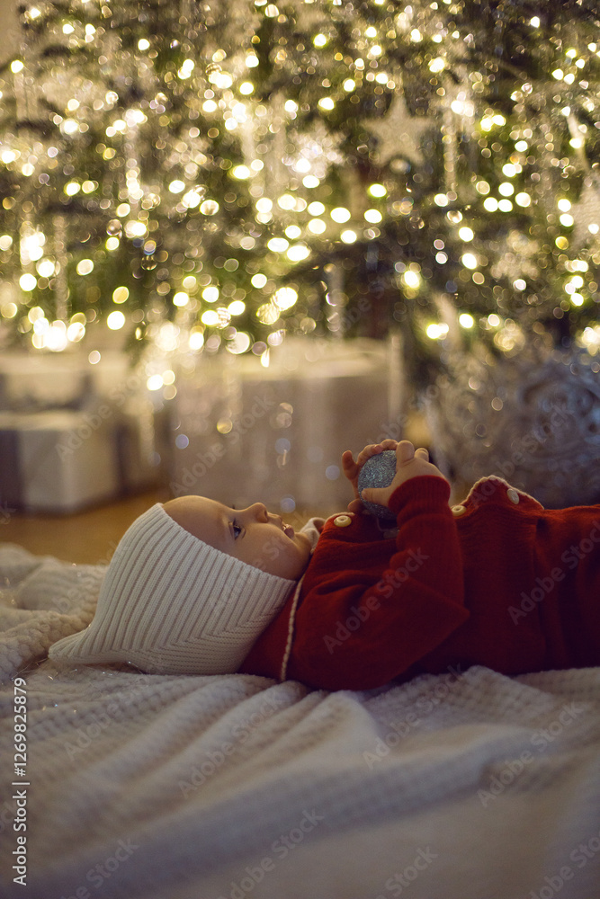 One little girl in a red suit sits on a white carpet at the Christmas tree at home for 1 year.