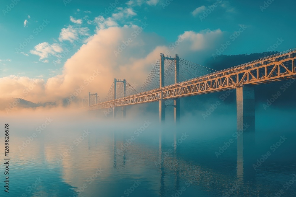 Obraz premium Misty morning view of a historic bridge above a serene river with fog rolling in at dawn