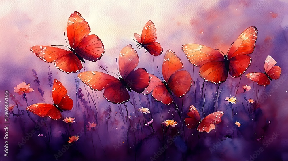Dreamy composition of butterflies painted in watercolor against a peaceful purple outdoor scene Dreamy composition of butterflies painted in watercolor against a peaceful purple outdoor scene
