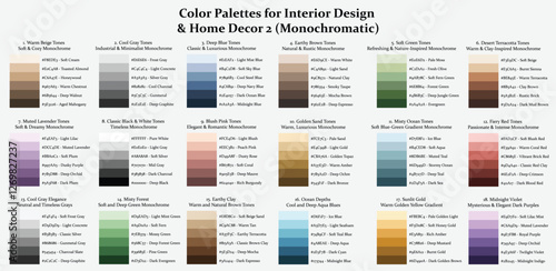 18 Color Palettes Collection 2 for Interior Design and Home Decor Monochromatic, 6 Colors Sets, Color Schemes with Hex Codes and Names, Color Swatches and Combinations, Vector Illustration