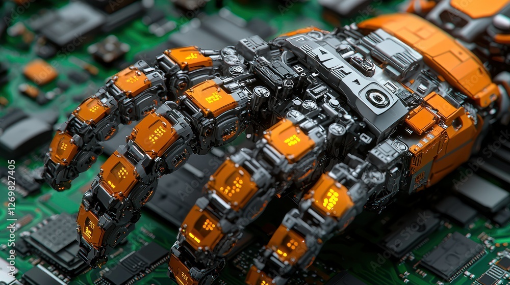 Fototapeta premium Robotic hand on circuit board; tech future