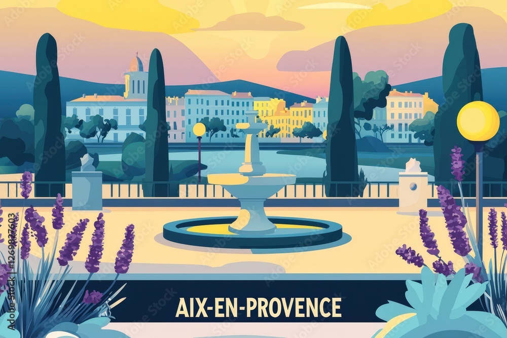 A romantic pastel-toned illustration of Aix-en-Provence, featuring its charming fountains, vibrant lavender fields, and the historic Cours Mirabeau, with