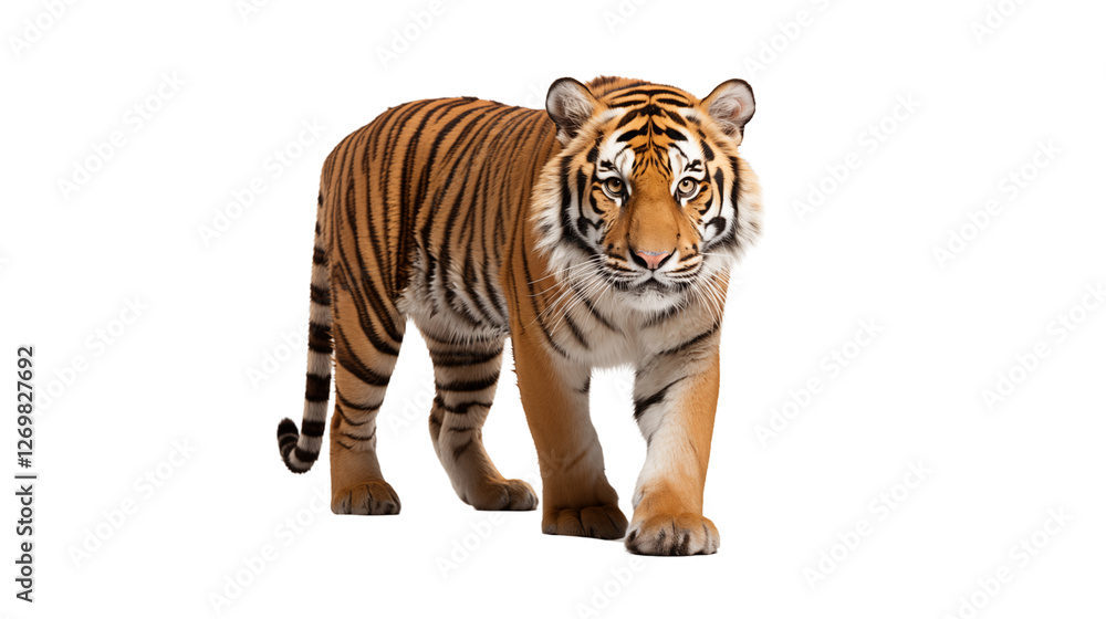 Obraz premium Bengal Tiger Walking Majestic Big Cat, Black and White Wildlife Display, isolated on transparent background.