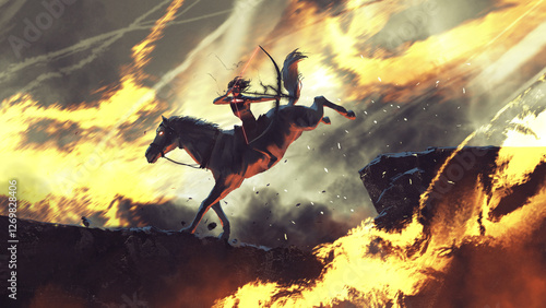 Archer on Horseback Amidst Fiery Battlefield