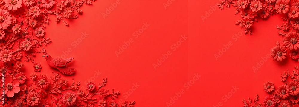 Red paper flowers and bird on solid red background Red paper flowers and bird on solid red background