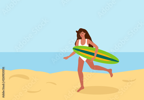 Young tanned woman in swimsuit running on beach with surfboard, extreme sport on sea, ocean in summer - vector color flat illustration for banners, postcards, posters, flyers