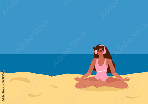 Young tanned woman in swimsuit with headphones listening to music and meditating on beach, yoga class by the sea in summer - vector color flat illustration for banners, cards, posters, flyers