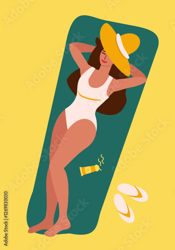 Young woman in white swimsuit sunbathing on sandy beach, lying on towel, straw hat covering eyes - vector color flat illustration for banners, postcards, posters, flyers