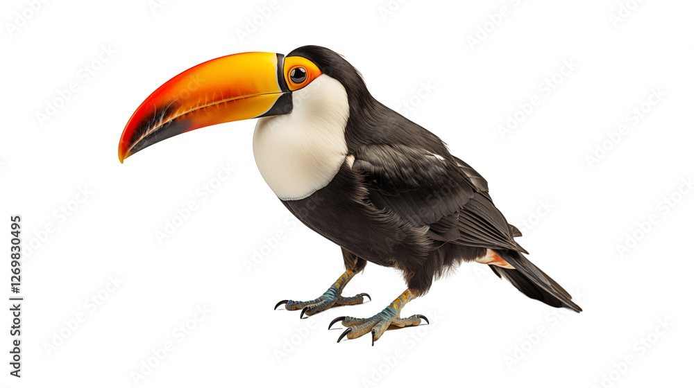 Naklejka premium Colorful Toucan Bird Tropical Exotic Wildlife, Vibrant Beak and Wings for Nature Themes, isolated on transparent background.