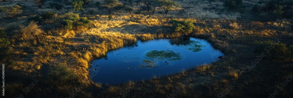 Golden Grassland Pool Wildlife Scene Golden Grassland Pool Wildlife Scene