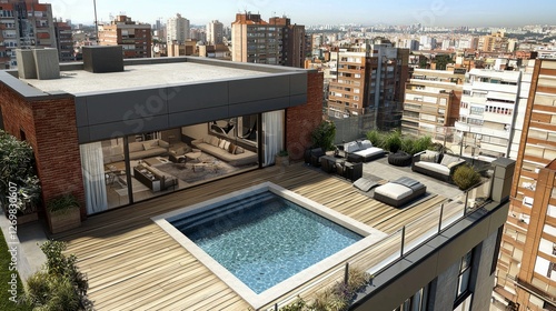 Rooftop penthouse pool, city view, luxury apartment photo