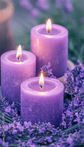 Purple candles surrounded by lavender flowers create an atmosphere filled with the sweet aroma and calming effect of lavender for relaxation.