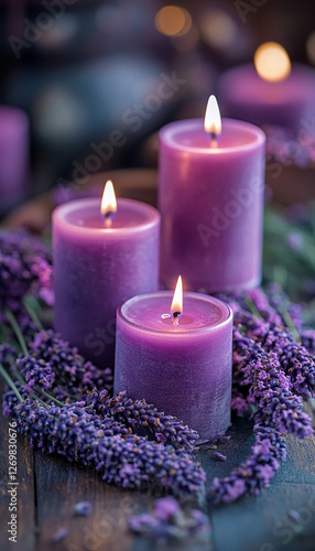 Purple candles surrounded by lavender flowers create an atmosphere filled with the sweet aroma and calming effect of lavender for relaxation.