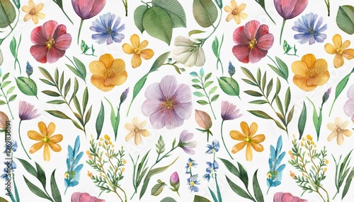 watercolor floral seamless pattern with scattered wildflowers leaves and plants summer illustration in vintage style on white background