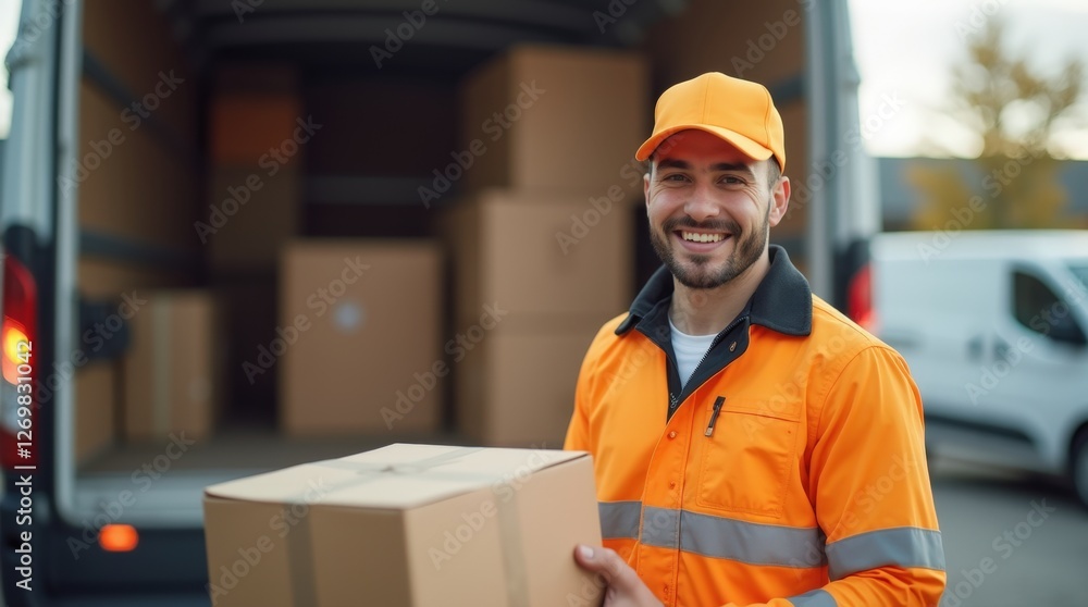 a motivated courier in a bright uniform, smiling as he prepares to load packages into a delivery truck, emphasizing the importance of last-mile delivery a motivated courier in a bright uniform, smiling as he prepares to load packages into a delivery truck, emphasizing the importance of last-mile delivery